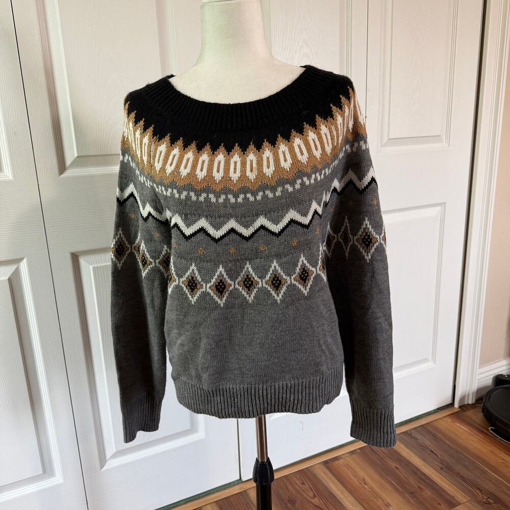 Crown & Ivy Women M Fair Isle Sweater Gray Black Gold Metallic Nordic Knit